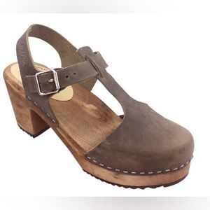 Lotta from Stockholm, Highwood T-Bar Clogs Taupe Oiled Nubuck Leather Brown Base